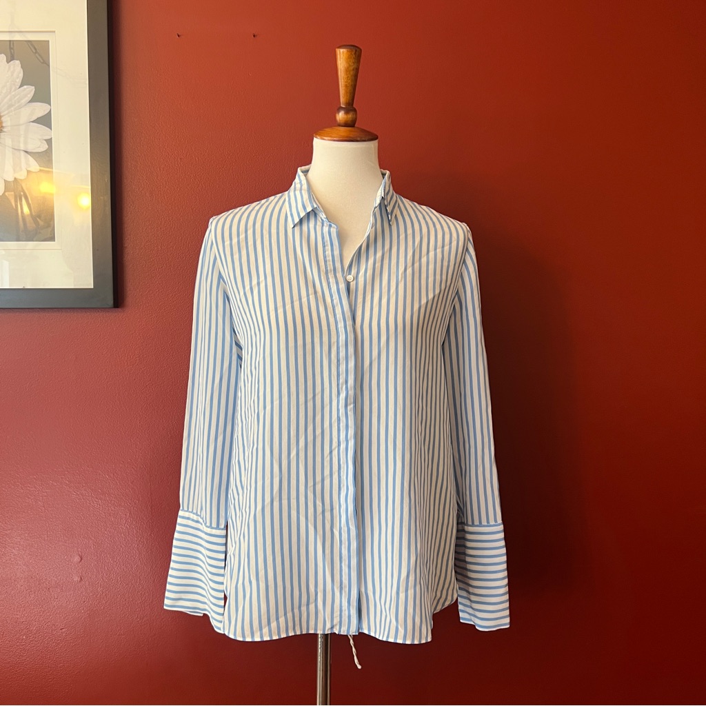 Massimo Dutti Silk Striped Button-Up Shirt In White And Light Blue Size 8